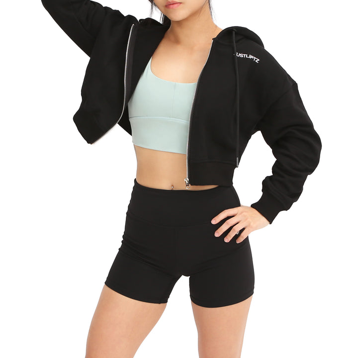 CROPPED ZIP-UP HOODIE - BLACK